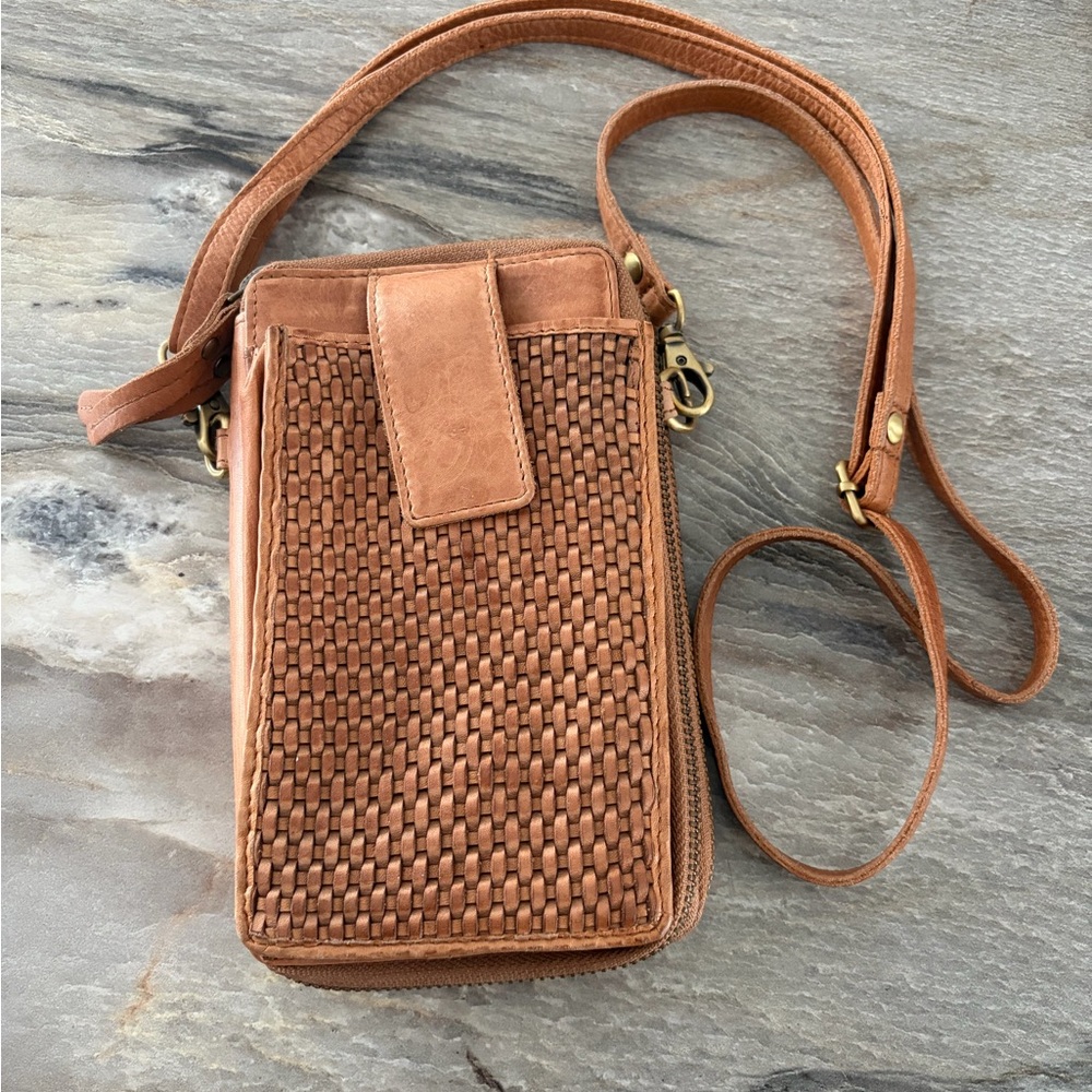 Woven Tan Leather Crossbody Bag